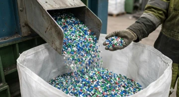 Resultado final de como funciona a moagem de plástico: pequenos flakes coloridos prontos para reciclagem.
