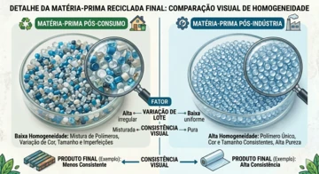 Close-up de grãos de resina plástica reciclada comparando as Diferenças Entre o Plástico Pós-Consumo e Pós Indústria.