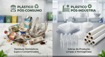 Imagem com dois lados mostrando Diferenças Entre o Plástico Pós-Consumo e Pós-Indústria. Na esquerda, materiais plásticos que já foram utilizados e na direita, materiais limpos da indústria.
