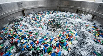 Fragmentos de polímeros sendo higienizados conforme as Etapas da Reciclagem de Plástico exigem para a reutilização.