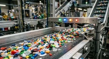 Esteira industrial operando durante as Etapas da Reciclagem de Plástico em uma unidade de processamento de polímeros.