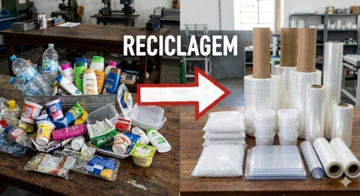 Embalagens usadas de plástico na esquerda e plástico reciclado à direita, limpo e transparente ilustrando o Guia da Reciclagem de Plástico Máquinas, Processos, Tipos de Polímero e Tira-Tinta
