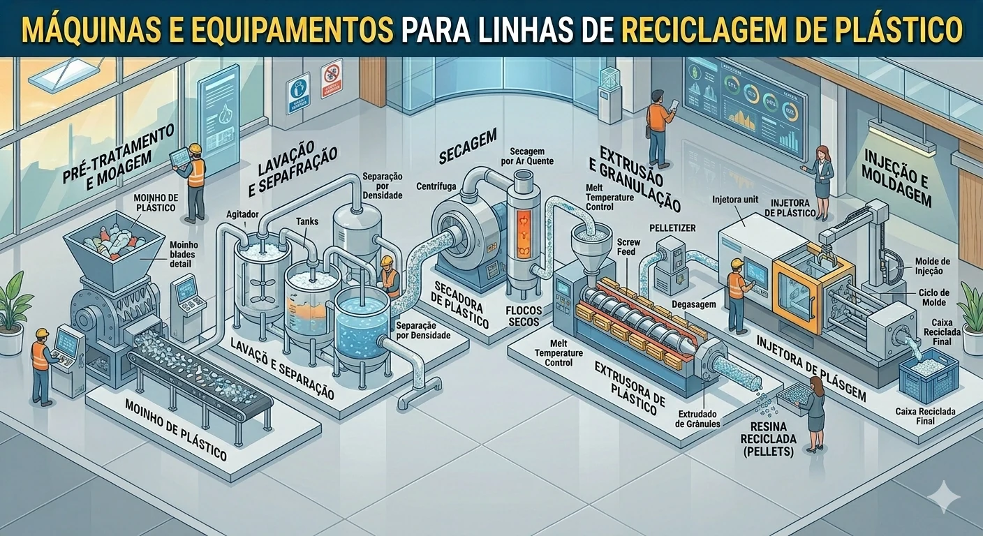 Infográfico exibindo diferentes tipos de máquinas e equipamentos para linhas de reciclagem de plástico.