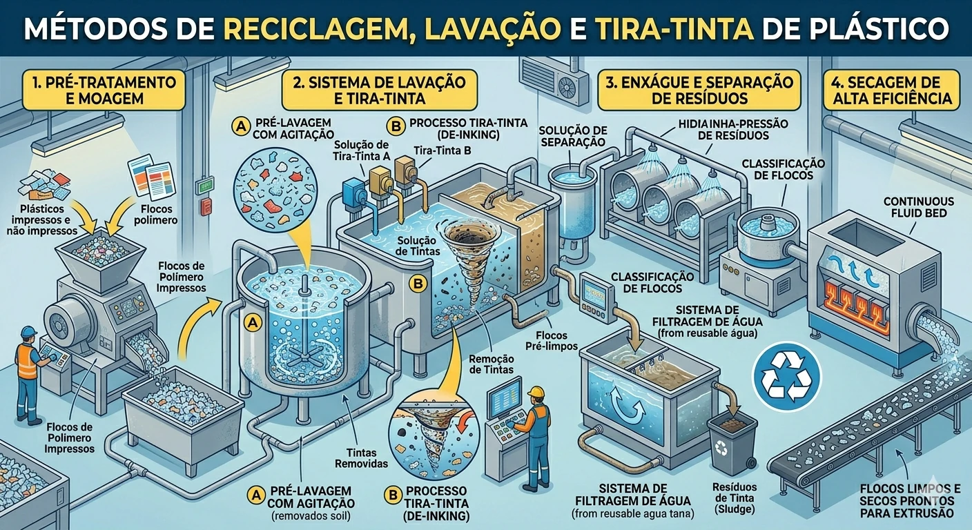 Infográfico apresentando os atuais métodos de reciclagem, lavação e tira-tinta de plástico aplicados na indústria.