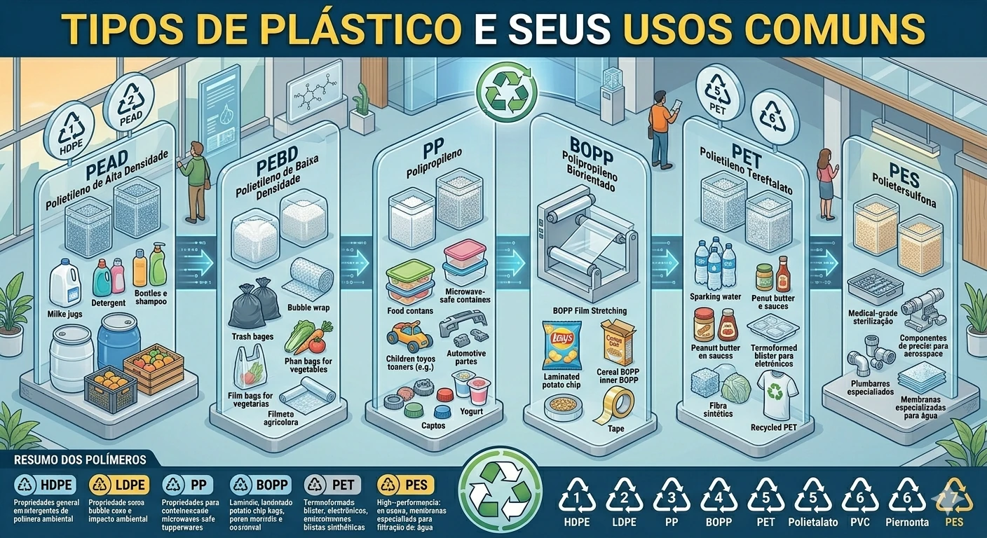 Infográfico exibindo diferentes tipos de materiais recicláveis como o PEAD, PEBD, PP, BOPP, PET e PES.