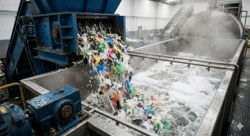 Máquina industrial triturando e lavando plástico, mostrando como é feita a reciclagem de sacolas na etapa de purificação.