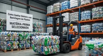 Centro de triagem com fardos de plástico empilhados, ilustrando a organização necessária de Como Ganhar Dinheiro com Reciclagem de Plástico.