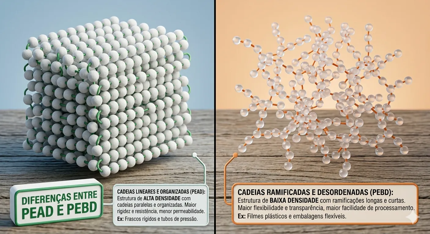 Diagrama científico mostrando cadeias moleculares para explicar as Diferenças Entre PEAD e PEBD.
