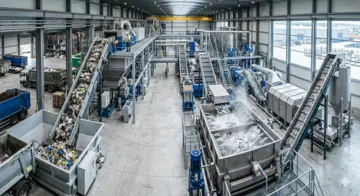 Planta fabril de reciclagem com maquinário especializado em Lavação Industrial de Plástico Flexível.
