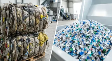 Comparativo de material reciclado antes e depois de passar pela Lavação Industrial de Plástico Flexível.