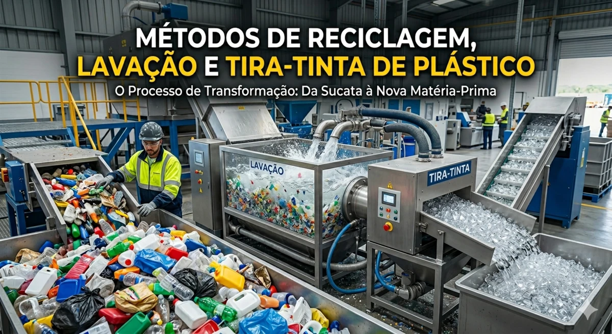 Processo industrial demonstrando Métodos de Reciclagem, Lavação e Tira-Tinta de Plástico