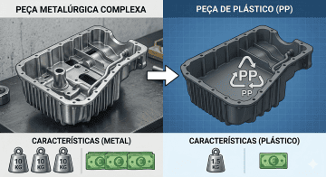 Substituição do cárter de um motor por plástico, exemplificando quais as vantagens do polipropileno.