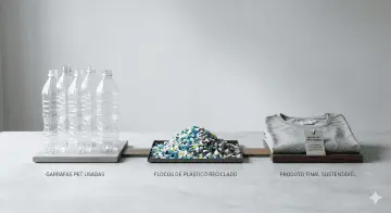 Garrafas que viram pellets que viram produtos reciclados, demonstrando as etapas da reciclagem de pet.