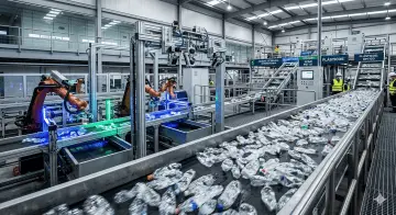 Esteira industrial de alta tecnologia realizando a triagem automatizada de garrafas plásticas em uma usina voltada para a reciclagem de PET.