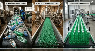 Três esteiras, uma com garrafas sujas, outra com grãos de plástico e outra com garrafas limpas e novas mostrando o processo de reciclagem de PET.