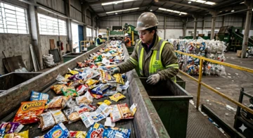 Close-up de um operador de reciclagem separando manualmente diversos filmes plásticos de embalagens em uma esteira transportadora, demonstrando o desafio de classificar e separar corretamente os diferentes tipos de BOPP pós-consumo.