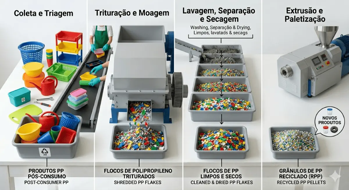 Infográfico demonstrando o funcionamento dos usos e reciclagem do polipropileno.