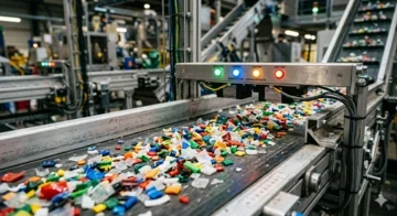 Esteira industrial operando durante as Etapas da Reciclagem de Plástico em uma unidade de processamento de polímeros.