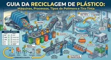 Infográfico mostrando tudo sobre a reciclagem, desde a triagem, separação, moagem, lavagem, secagem, granulação, entre outros.