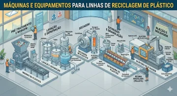 Infográfico exibindo diferentes tipos de máquinas e equipamentos para linhas de reciclagem de plástico.