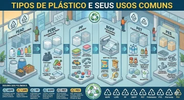Infográfico exibindo diferentes tipos de materiais recicláveis como o PEAD, PEBD, PP, BOPP, PET e PES.