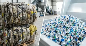 Comparativo de material reciclado antes e depois de passar pela Lavação Industrial de Plástico Flexível.