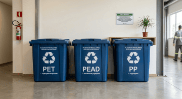 Três recipientes de lixos com marcações para diferentes tipos de plásticos recicláveis.